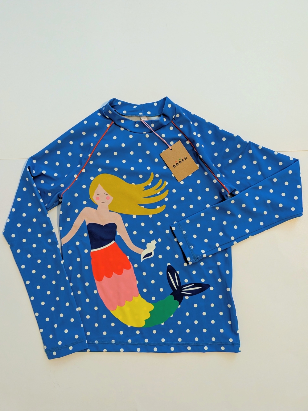 Mini Boden Blue Polka Dot Mermaid Long-Sleeve Rashguard Swim Top 9-10Y